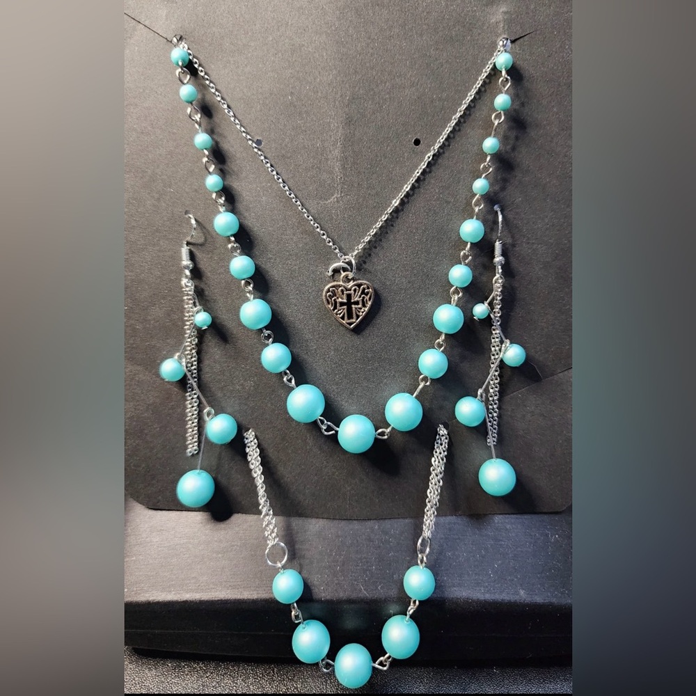 Silver and Turquoise Beaded Necklace and Earring Set